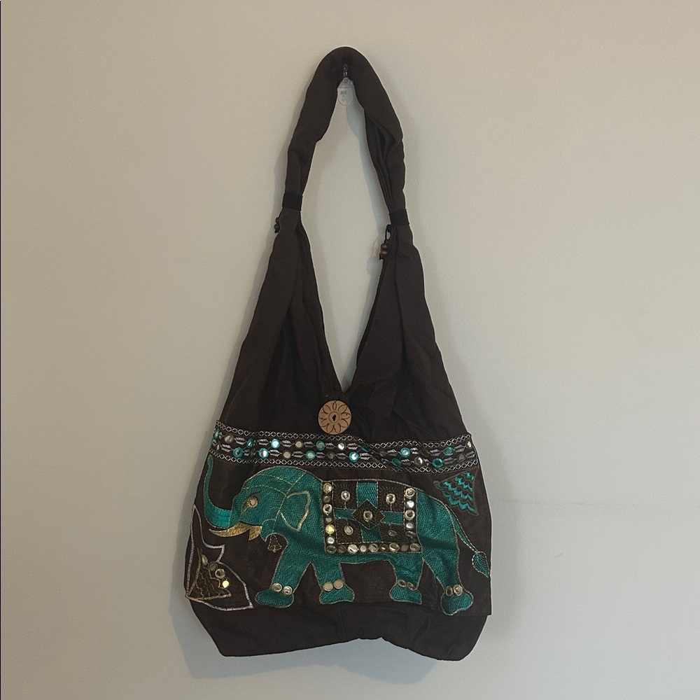 Elephant Embroidered Black and Green Hobo Bag